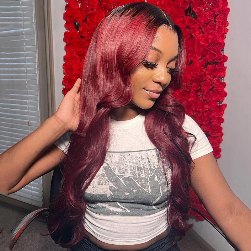 Bling Hair Glueless Wig Human Hair 5x5 Body Wave Lace Closure Wig T1B/99J Color Body Wave Wigs Human Hair 180 Density