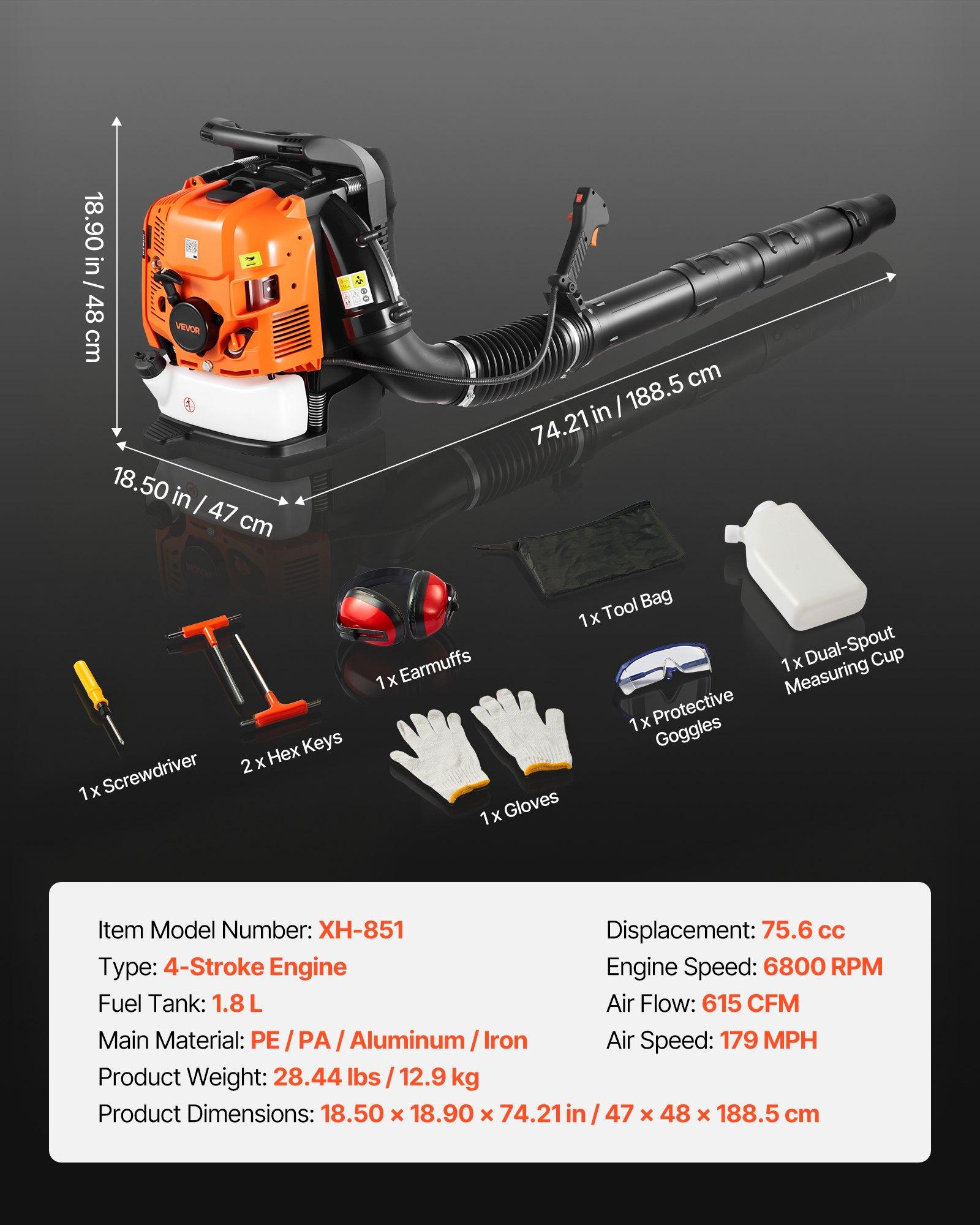 VEVOR Backpack Leaf Blower, 75.6CC 4-Stroke Engine Gas Powered Leaf Blower with 1.8L Fuel Tank, 615 CFM Air Volume, 179 MPH Air Speed, Ideal for Lawn Care, Leaves Cleaning, Yard Debris & Snow Removal