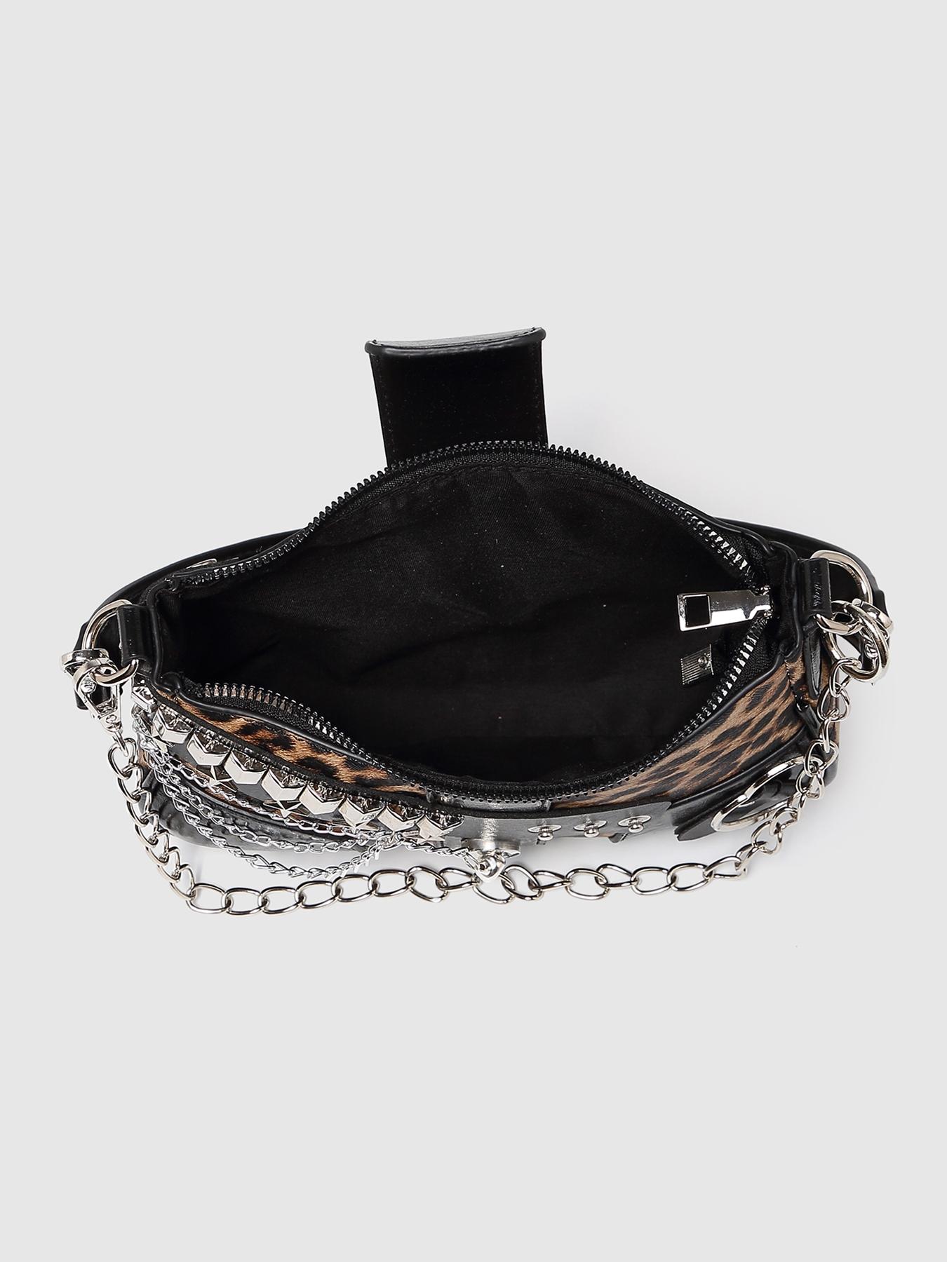 Women's PU Leather Embellished Shoulder Bag, Vintage Leopard Print Colorblock Crescent Clutch, Y2K Style Chain Decorated