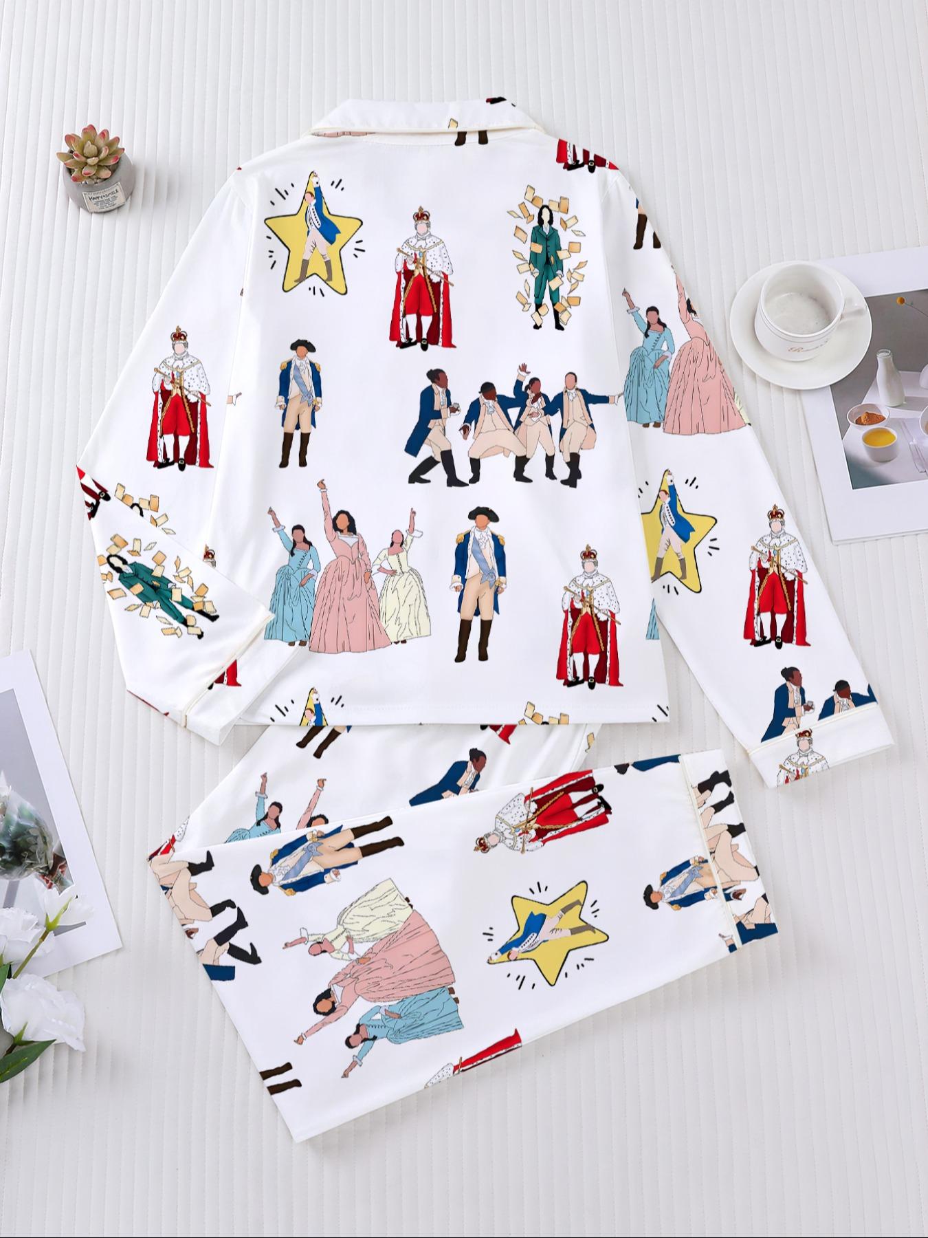 Hamilton Musical Print Women's Pajama Set, Long Sleeve Shirt Collar Button Soft Top & Elastic Pants, Casual Home Wear Loungewear