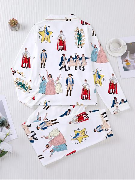 Hamilton Musical Print Women's Pajama Set, Long Sleeve Shirt Collar Button Soft Top & Elastic Pants, Casual Home Wear