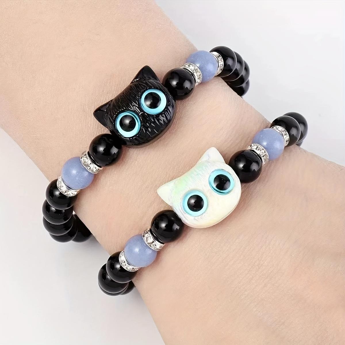 2pcs Luminous Cat Bracelet Set - Elastic Stretch Matching Beaded Jewelry for Couples, Besties & Sisters. Black & White Glow-in-the-Dark Animal Wristband for Halloween, Party & Daily Wear. Perfect Holiday Gift for Cat Lovers, Teens & Friends.