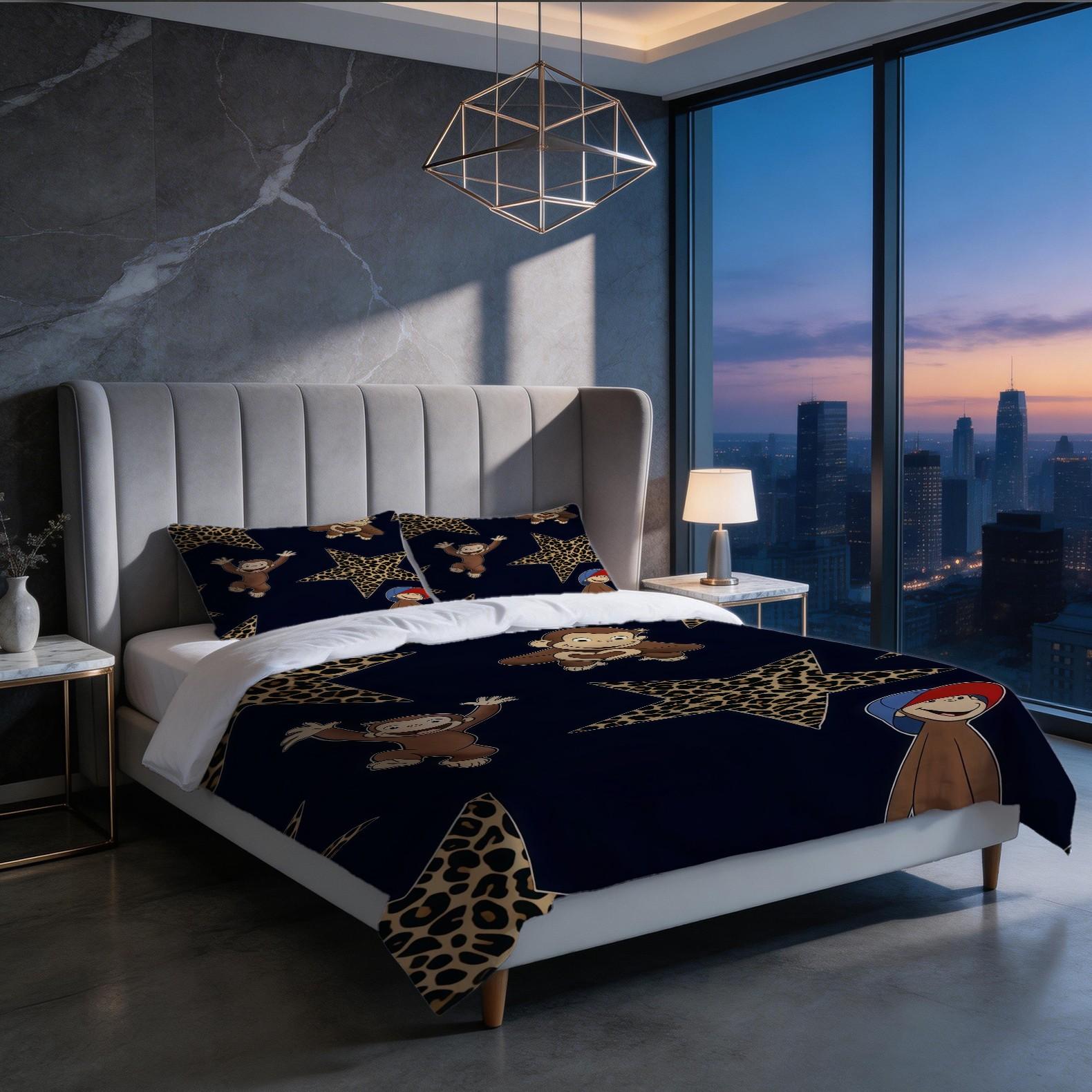 2/3 Piece Curious George Duvet Cover Set, 1 Duvet Cover + 1/2 Pillowcases NO FILLING INCLUDED, Cute Cartoon Monkey Leopard Star Bedding, Kids Bedroom Decor for Boys Girls Teens, Ideal Gift for Curious George Fans