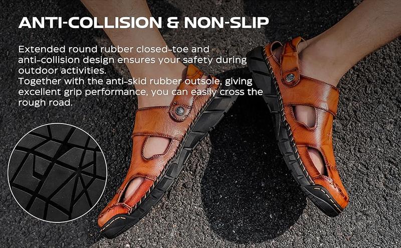 GREKS Men's Casual Hiking Beach Sandals Hand-Stitched Hollow Slip-on Wide Fit Non-Slip Breathable Dark Brown Black