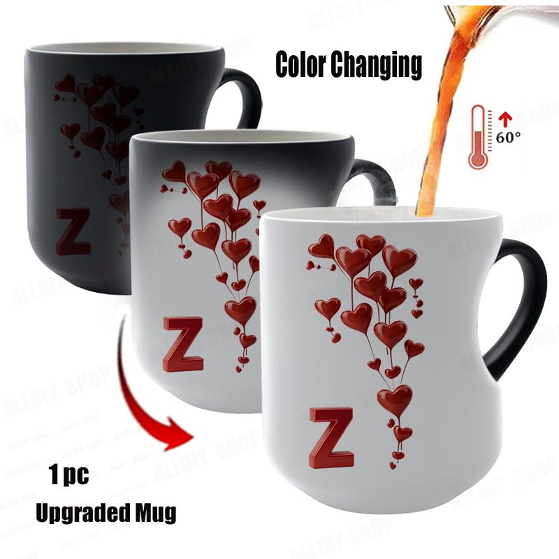 Color Changing Mug A-Z Initial Heart Coffee Cup, Thermosensitive Ceramic Mug with Heart-Shaped Handle, 11 Oz/330 Ml, Valentine's Day Gift