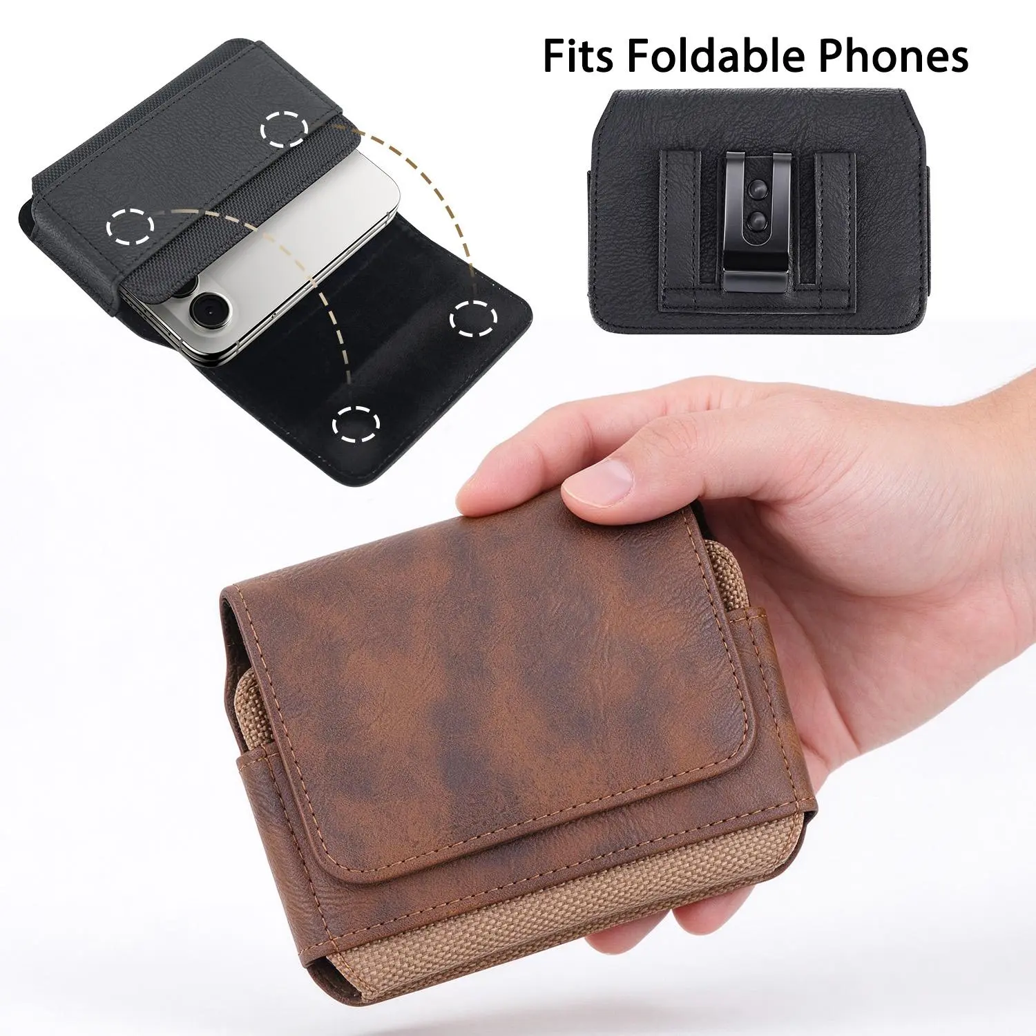 Leather Cell Phone Holster with Belt Clip, Magnetic Closure Waist Phone Pouch with Card Slot & Metal Belt Clip,for iPhone Duo ,Galaxy Z Flip 6/7/8 ,Motorola Razr 50 Ultra,fathers day gift