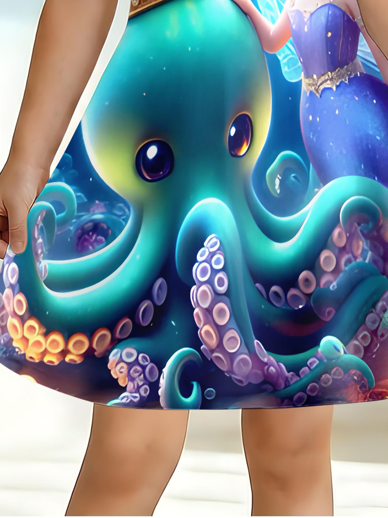 Girls Summer Mermaid Octopus Print Dress, Kids Underwater World Crew Neck Short Sleeve A-Line Dress