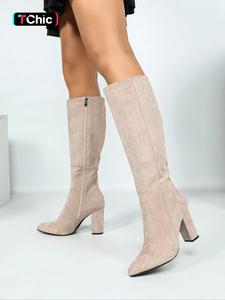 women's fashionable solid color pointed toe boots, elegant zipper design apricot knee boots for daily wear, female all-match trend shoes for fall & winter, footwear