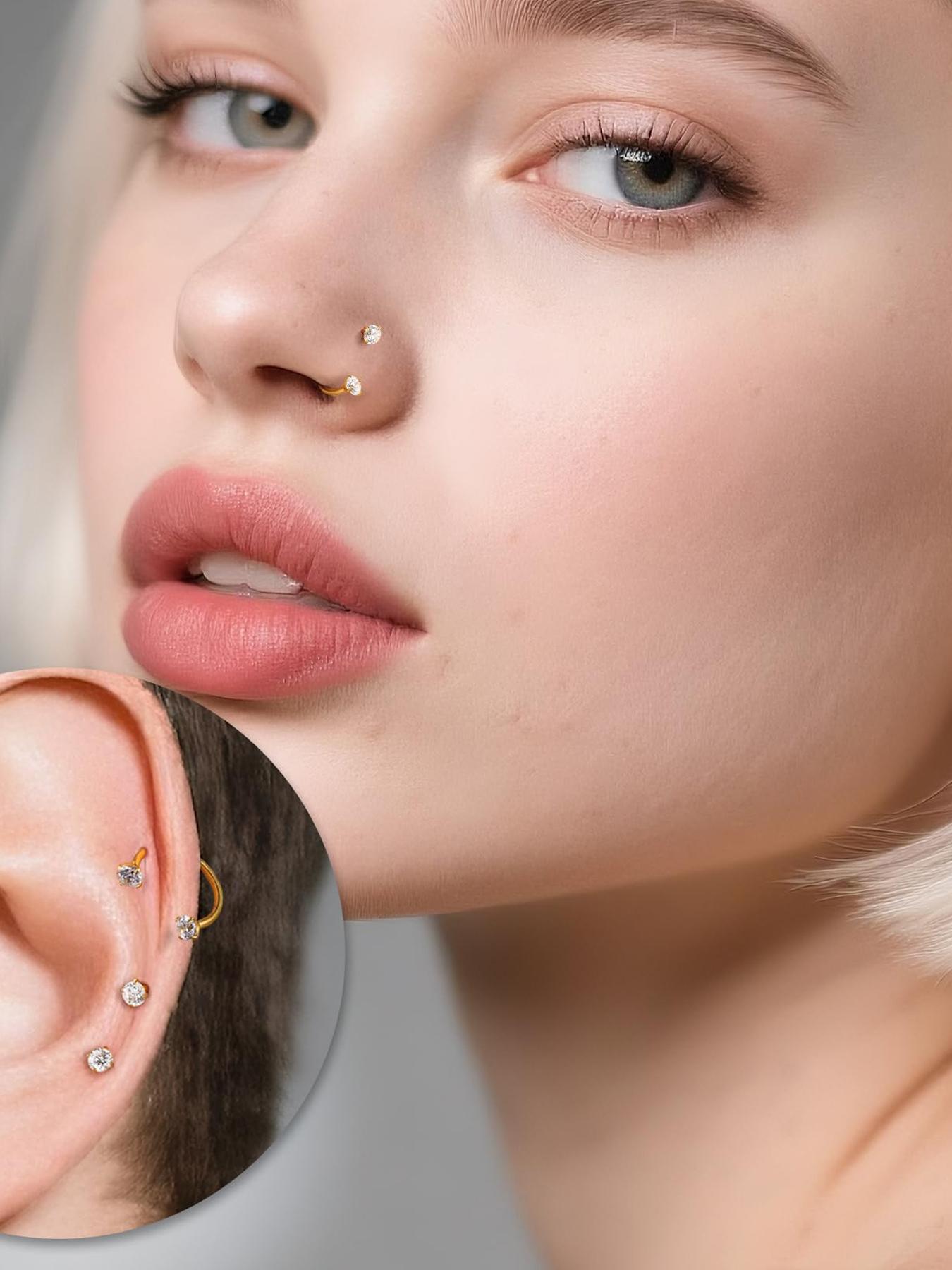 Horseshoe Nose Rings Studs, 20G/18G Internally Threaded Nose Rings For Women, 316L Surgical Steel Double Cubic Zirconia Nose Studs, Lip Eyebrow Helix Ear Piercing Jewelry
