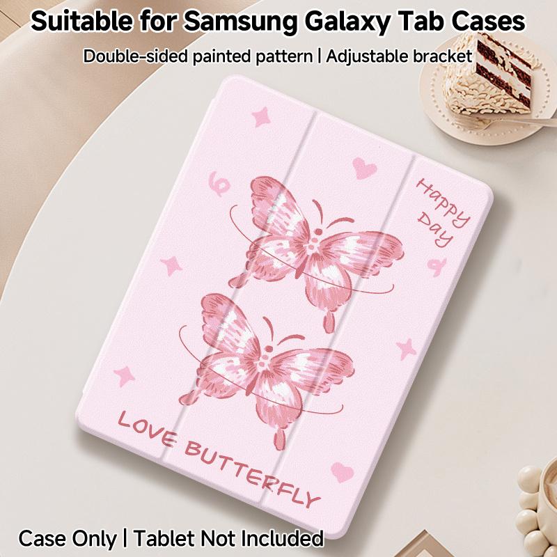 Pink Base Butterfly Tri-Fold iPad Case, double-sided print, built-in pencil slot, adjustable kickstand, auto sleep/wake function, Compatible with iPad 10th/11th Gen, iPad A16, iPad Air 11"/13", iPad Pro 11", iPad 2025 and Galaxy Tab S9 FE+ 12.4''series