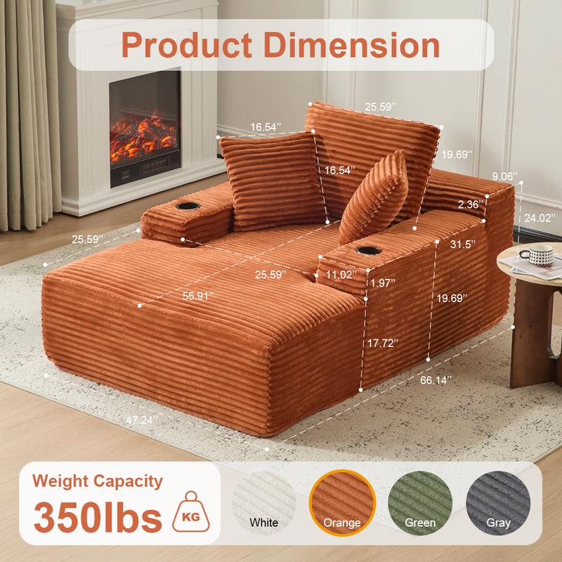 QAK 64‘’ Boneless Chaise Lounge, Upholstered Sofa Bed with Throw Pillows and Armrests, Indoor Sleeper Chair Luxurious Plush Corduroy Chair Bed for Living Room No Assembly Required