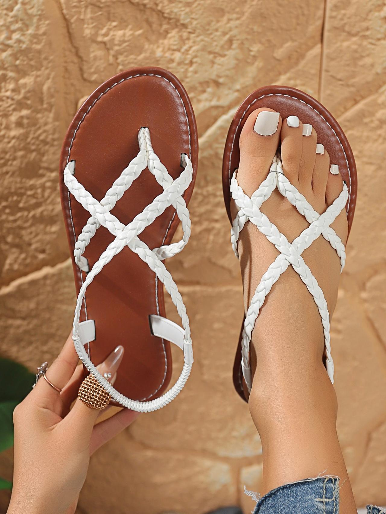 Bohemian Braided Thong Sandals, Flat Roman Slide Sandals for Summer Outdoor Wear