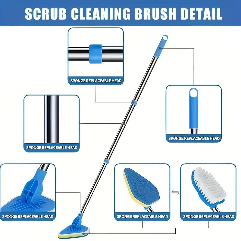 34" Extendable Tub & Tile Scrub Brush Set, 2-In-1 Shower Cleaner, Stainless Steel Handle, 3 Sponge Heads, Non-Scratch Cleaning Tool