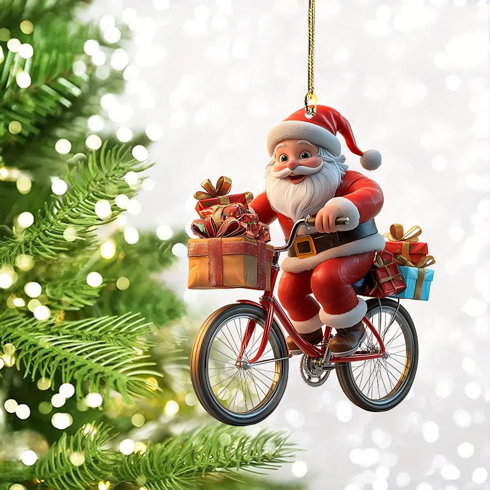Acrylic Santa Claus Bicycle-Riding Christmas Tree Ornament, Fashion Keychain-Costume Jewelry Accessory for Car Interior or Backpack Charm, Holiday Gift