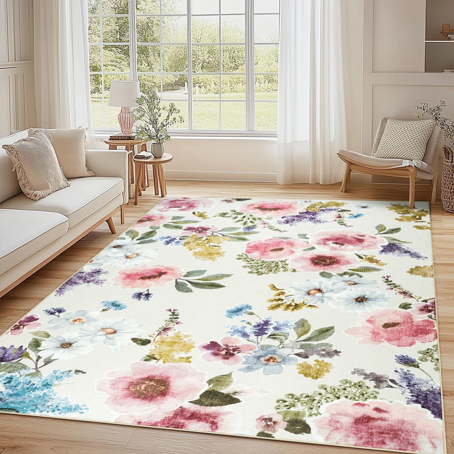 Lochas Floral Washable Living Room Area Rug ,Non-Slip Low-Pile Rugs for Entryway, Throw Small Stain Resistant Kitchen Rugs, Print Carpet for Office, Bedroom, Laundry Room, Nursery, Home Decor