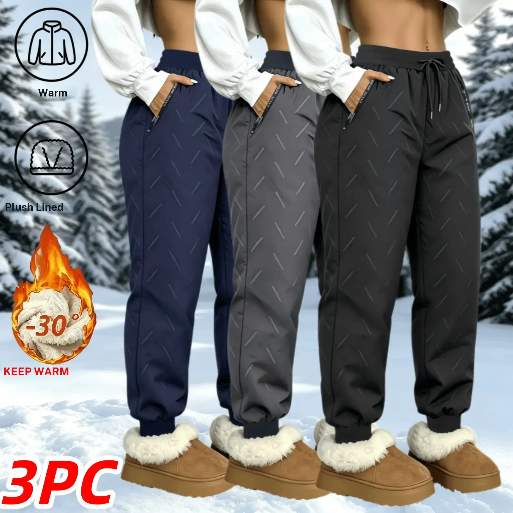 Women’s Fleece Lined Warm Jogger Pants, Water Resistant Windproof Thermal Snow Sweatpants, Elastic Drawstring Waist Zipper Pocket Cuffed Winter Casual Outdoor Insulated Trousers, Regular Size Cozy Cold Weather Bottoms for Daily & Hiking