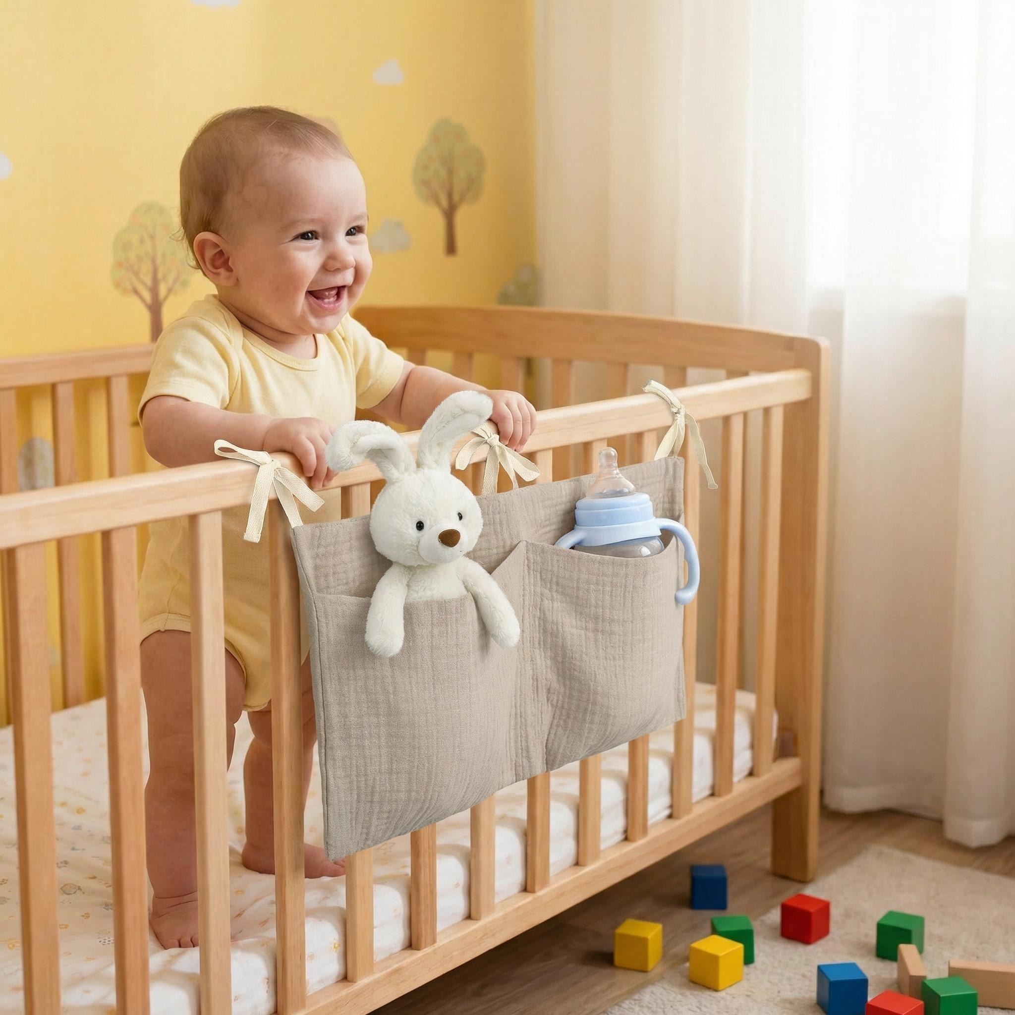 Baby Bed Hanging Bag, Soft Fabric 40x20cm, Toy Bottle Night Feeding Storage, Linen Organizer for Bedtime Toys, Universal Cord Fastening