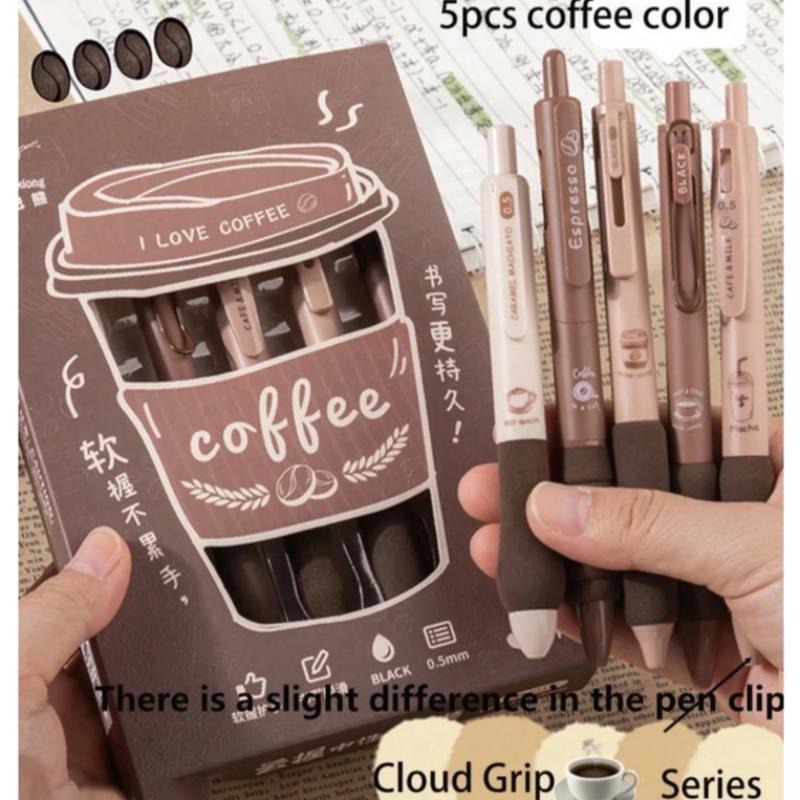 6pcs Coffee Theme Liquid Quick-Drying Ink Gel Pens, No smear Soft Touch Pens for Note taking Drawing School Office Supplies