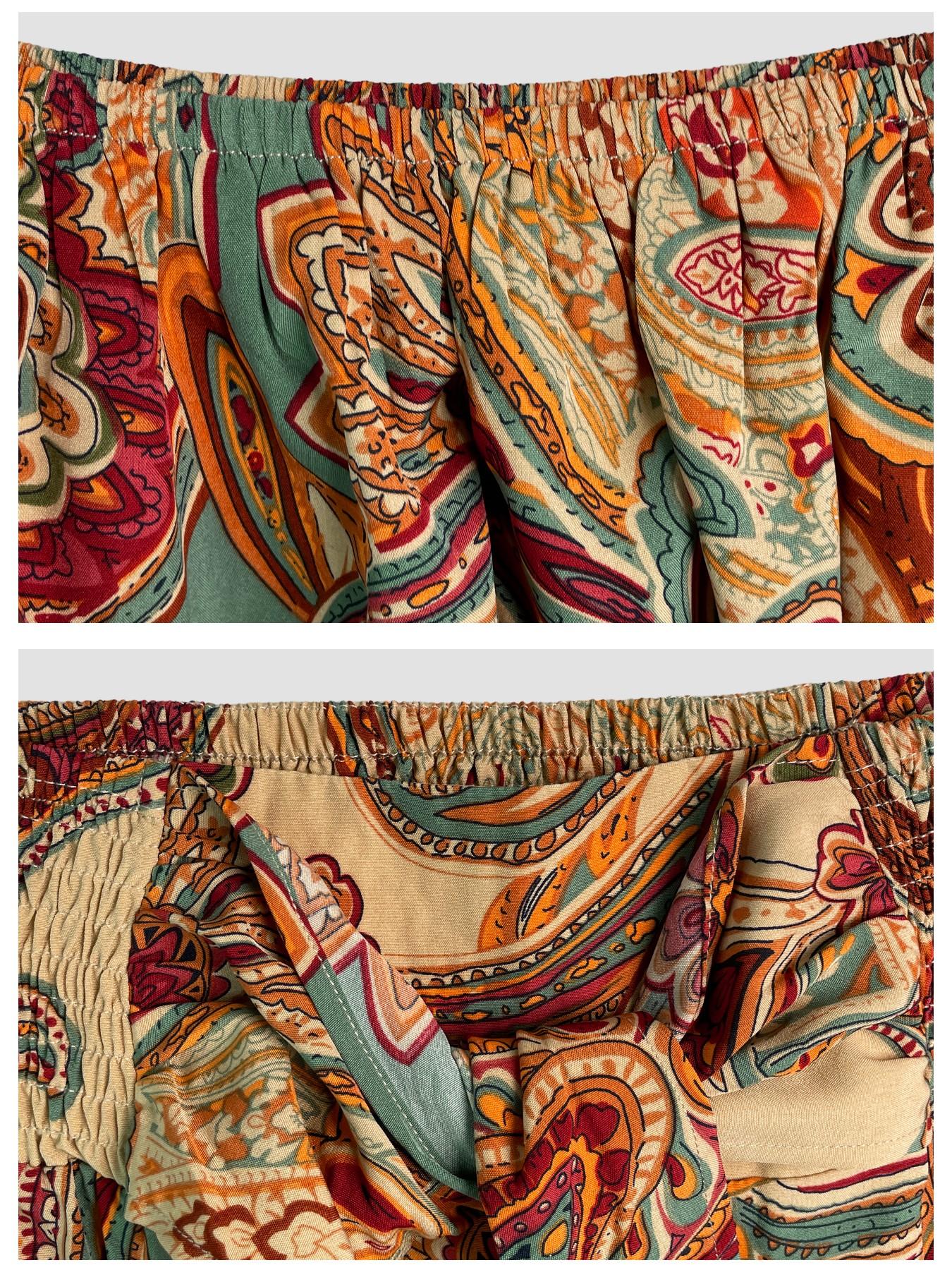 Women's Summer Paisley Print Vintage Vacation Two-Piece Set, Off-Shoulder Bubble Sleeve Crop Top + High Waist Drawstring Wide Leg Pants Women's Summer Paisley Print Vintage Vacation Two-Piece Set, Off-Shoulder Bubble Sleeve Crop Top + High Waist Drawstring Wide Leg Pants