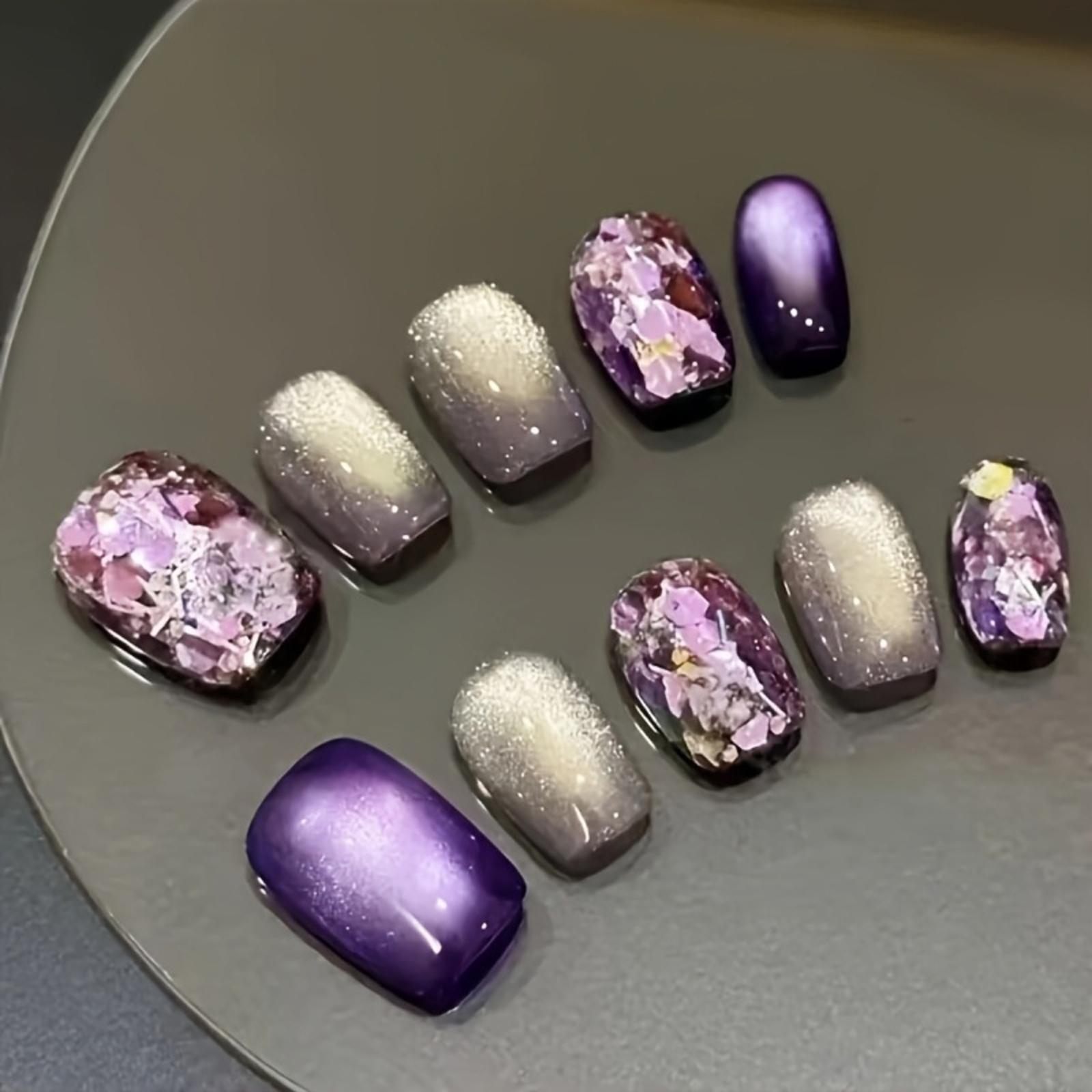 Obsessed With This Edgy Vibe! Custom Purple Grey Color Block Cat Eye Press On Fake Nails, Exquisite Hand-Painted Ice Shard Glitter & Silver Sand Design, TikTok Viral Blogger Favorite