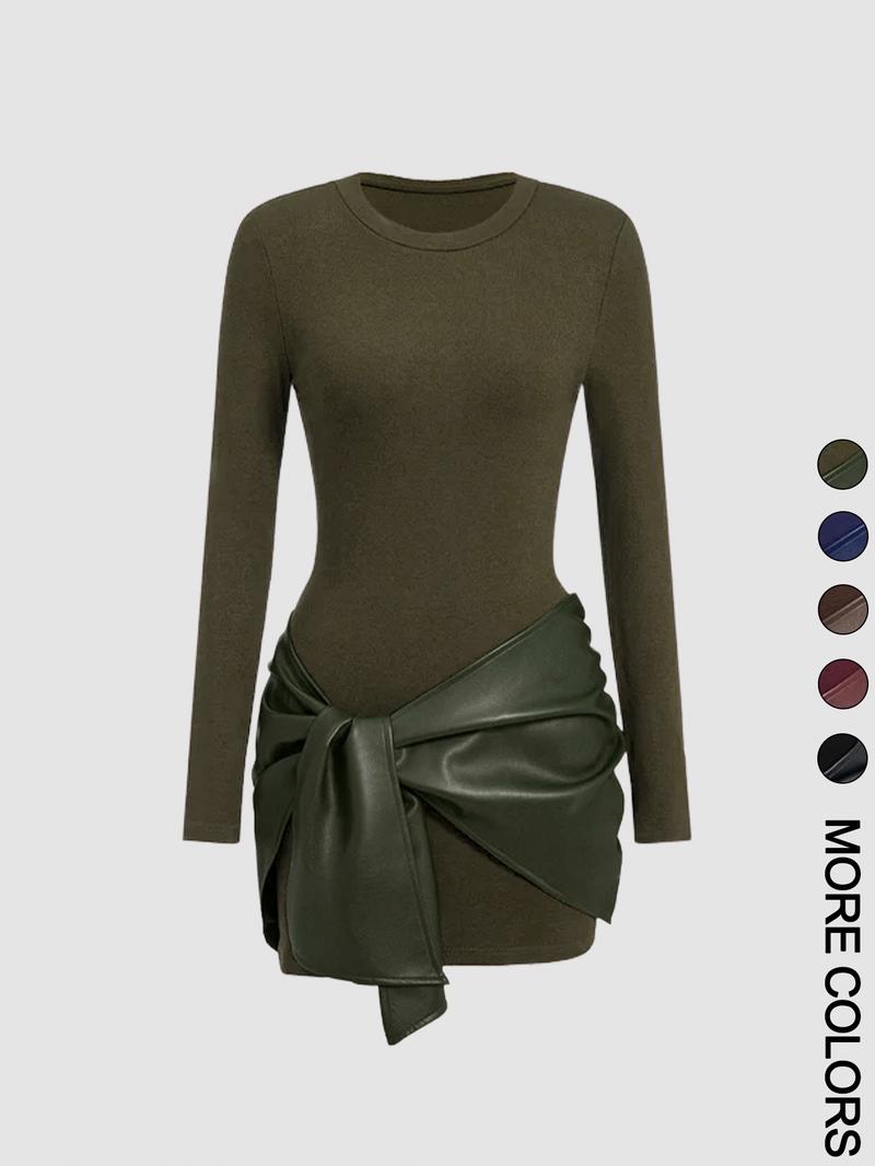 Women's patchwork knotted side ruched long-sleeved mini dress