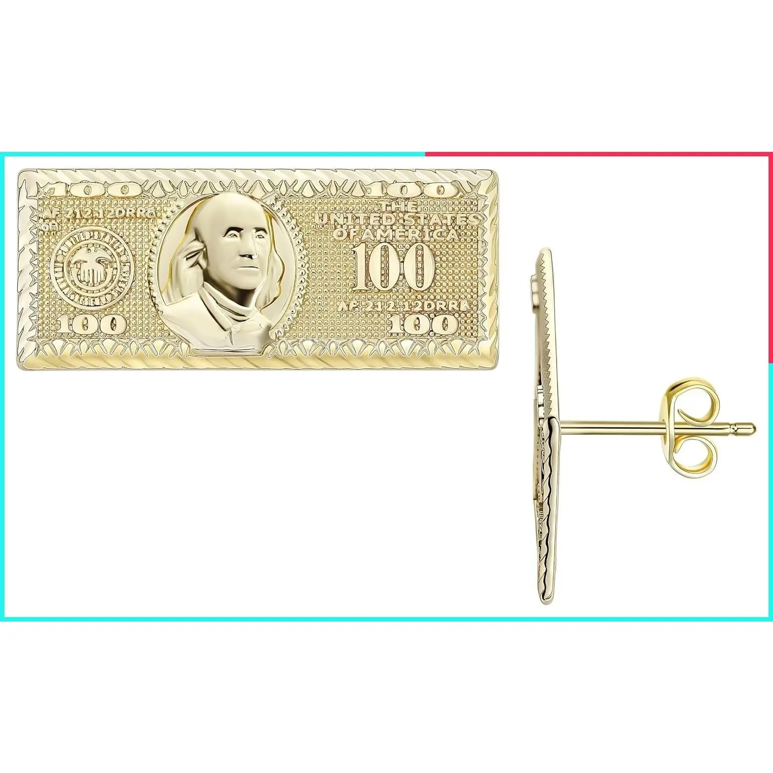 14k Gold Plated Unisex Rough Textured Cookie Nugget & 100 Dollar Bill Money Stud Earrings