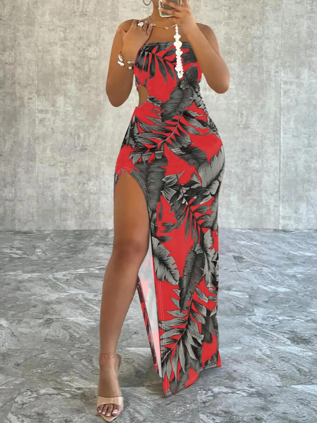 Women's Leaf Print Split Thigh Bodycon Dress, No Drawers Sundress, Mufti Clothes, Fit Sleeveless Cut Out Ruched Maxi Sun Dress, Fashion Women's Knitted Dress for Beach Holiday, Flattering Sleeveless Brown Womenswear, Lady Casual Fashionable Dress