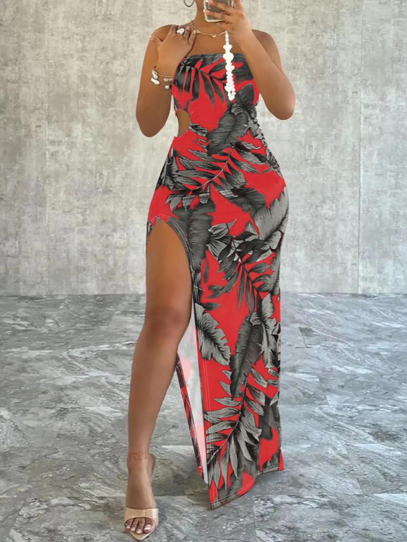 Women's Leaf Print Split Thigh Bodycon Dress, No Drawers Sundress, Mufti Clothes, Fit Sleeveless Cut Out Ruched Maxi Sun Dress, Fashion Women's Knitted Dress for Beach Holiday, Flattering Sleeveless Brown Womenswear, Lady Casual Fashionable Dress