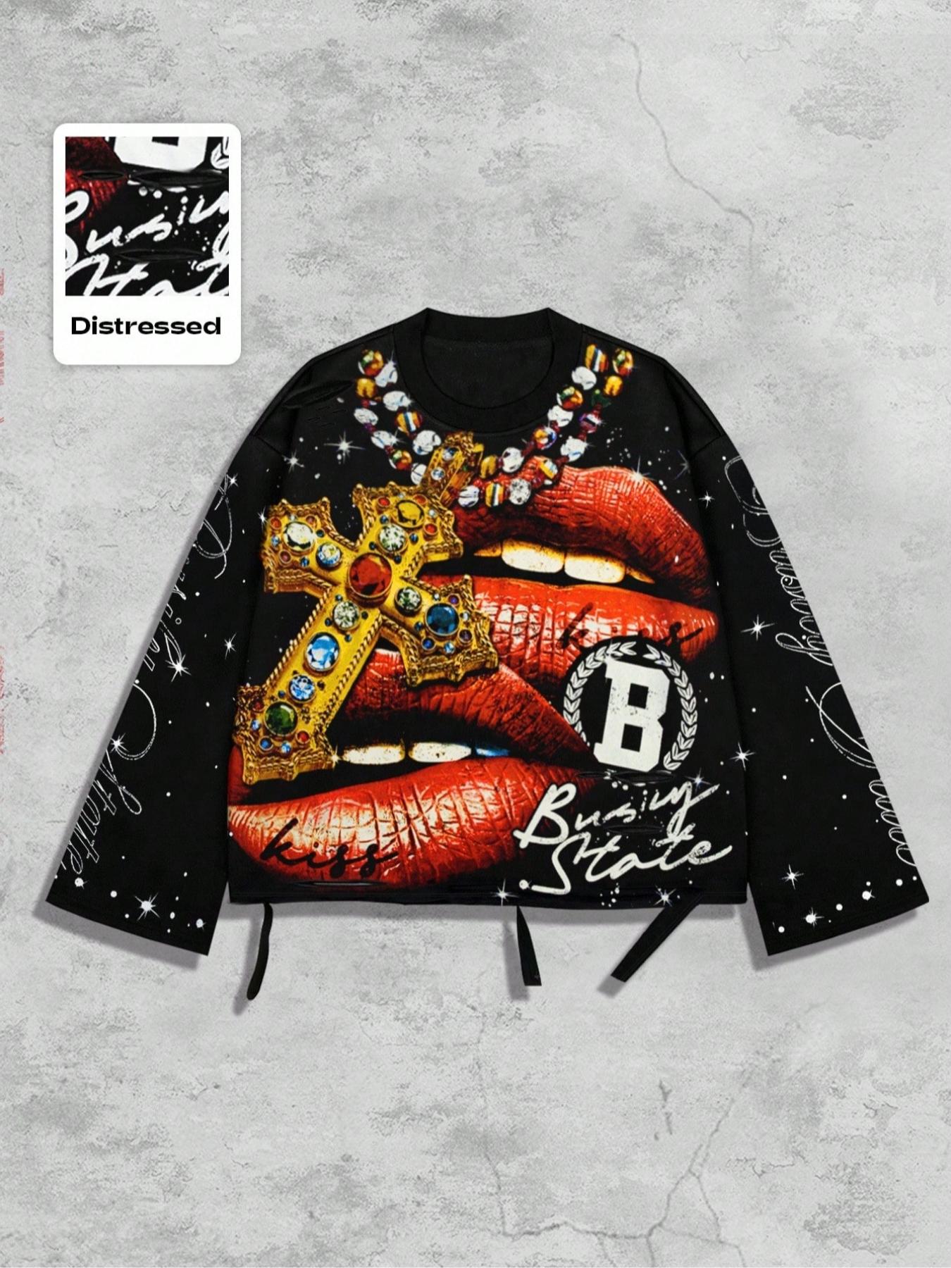 Men's Vintage Street Style Saint Graphic Print Long Sleeve Round Neck T-Shirt, Loose-Fitting Short Fit, Fall 2000s Fashion