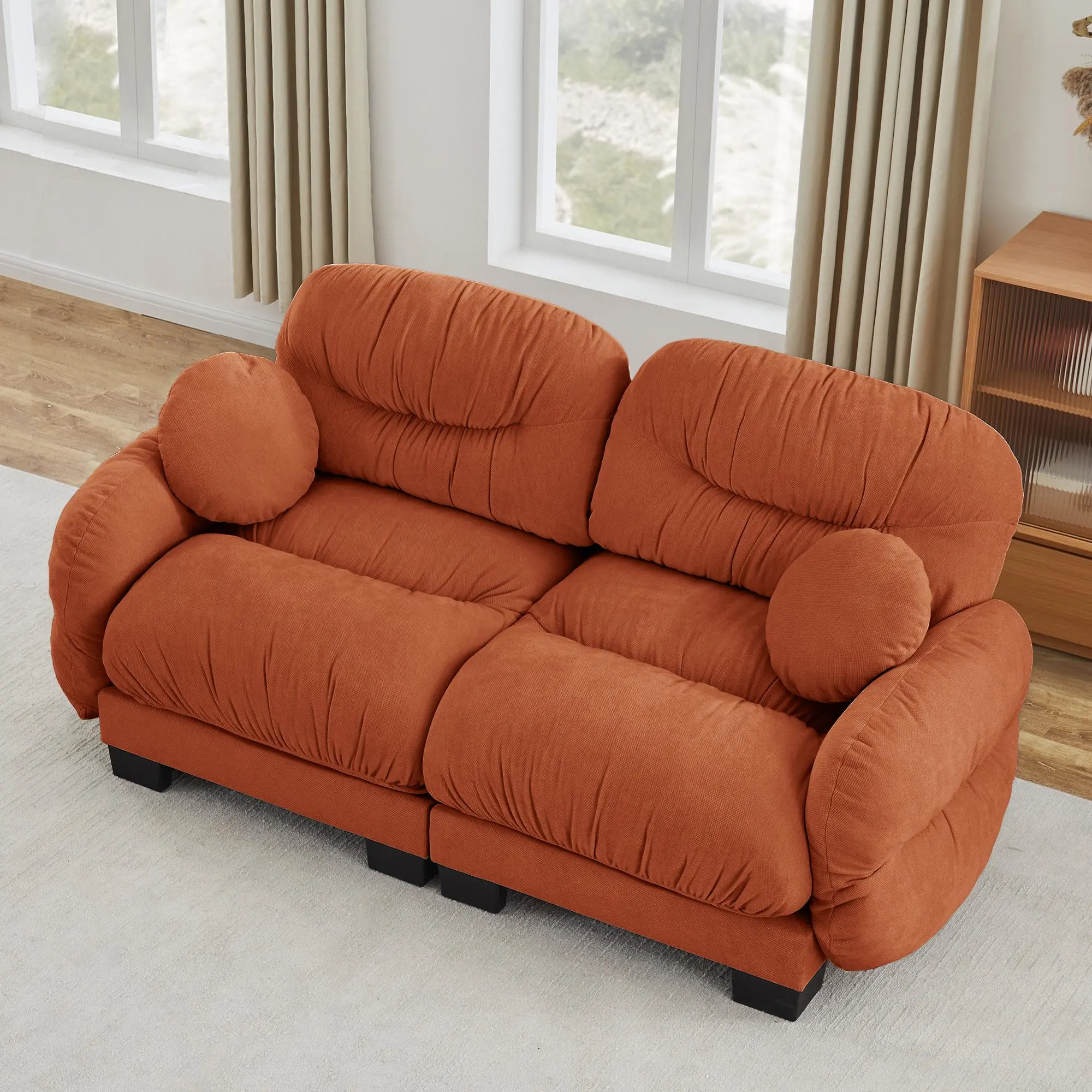 Orange Chenille 2-Seater Modular Sofa with Pleated Backrest, Curved Round Armrests, High-Density Foam Seat, and 2 Throw Pillows for Living Room or Apartment