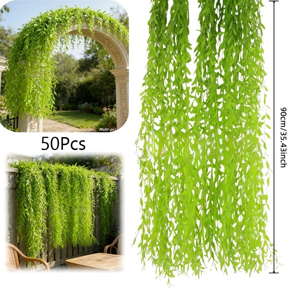 100Pcs Artificial Green Willow Branches - Maintenance-Free Spring And Summer Decorative Drapes, All-Weather Hanging Ivy, Suitable for Wedding Arch Decorations, Hotel And Ceiling Decor, Climbing Frame Decorations, And Ceiling Embellishments