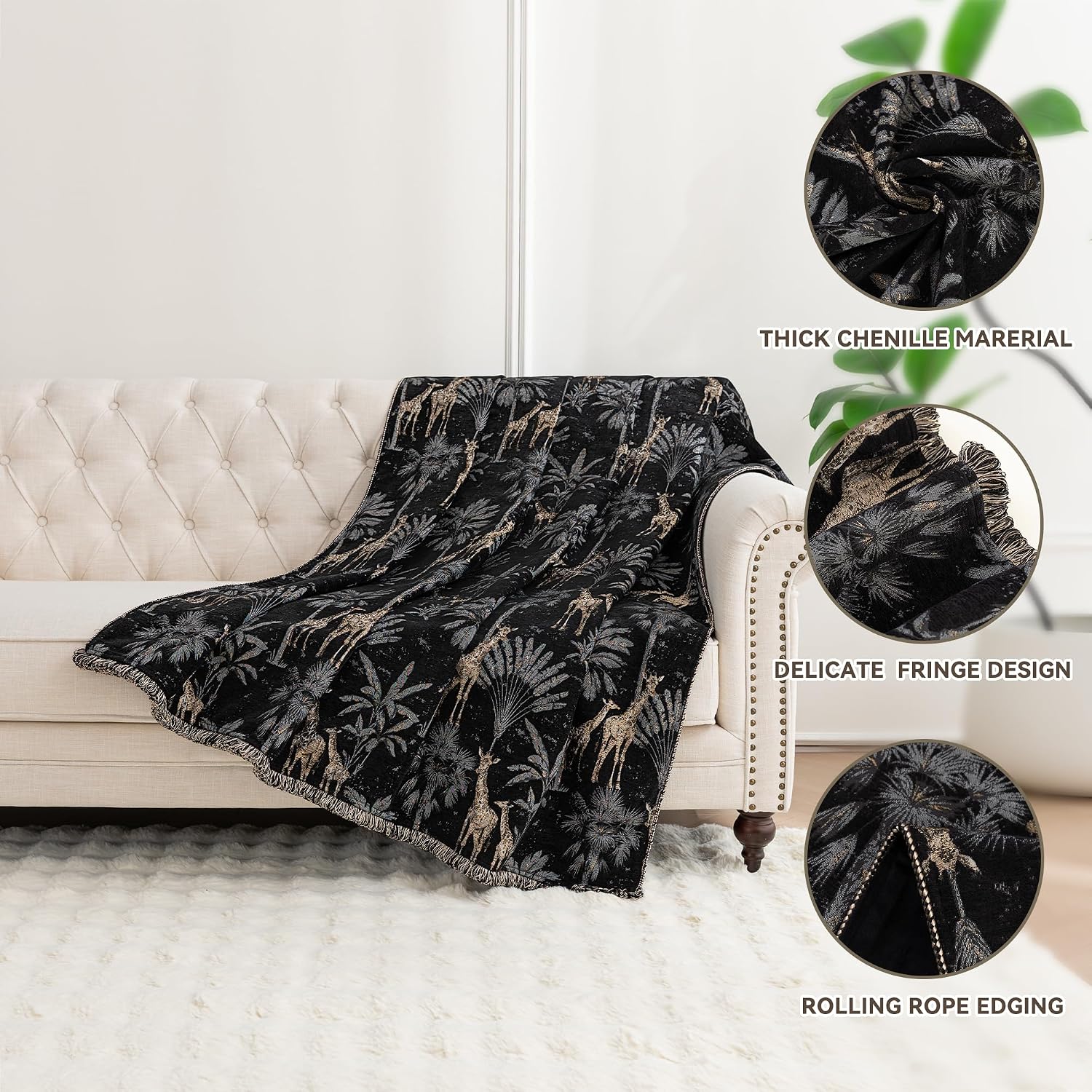 Jacquard Throw Blanket for Bed, 52”x72”, Black Giraffe Design | Safari  Palm Tree Chenille Decorative Fall Blankets with Fringe, Soft  Lined Bed Throws for Couch Sofa Chair