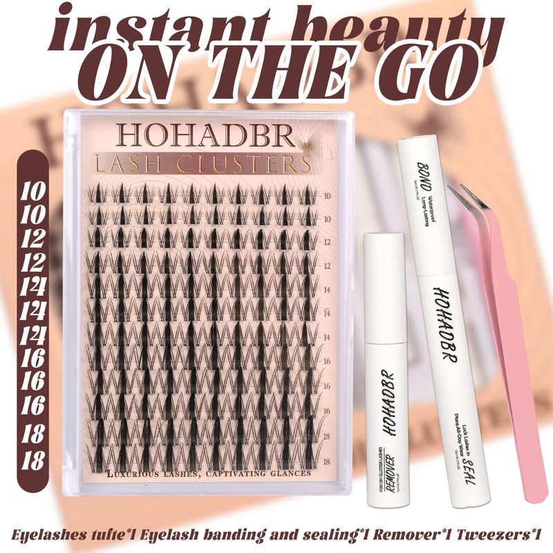 HOHADBR Fairy Lash Clusters Kit Natural Individual Lashes Wispy Eyelash Extensions 10-16mm  Lash Extension Kit Lash Bond and Seal Waterproof, Lash Applicator, Thick False Eyelashes Kit