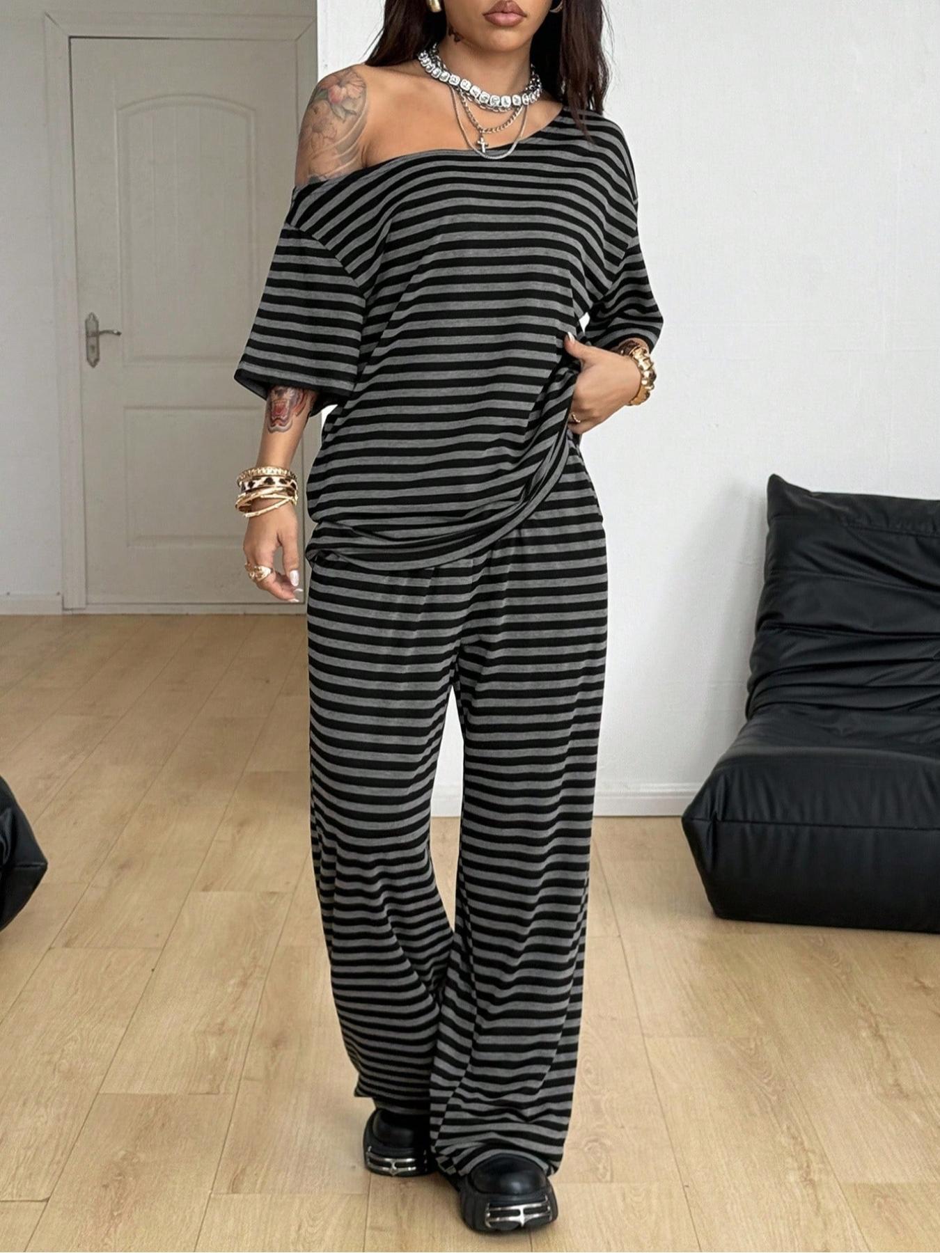 Women's Casual Streetwear Two-Piece Set, Comfortable Shoulder-Exposed Top & Wide-Leg Pants, Daily Wear Sportswear