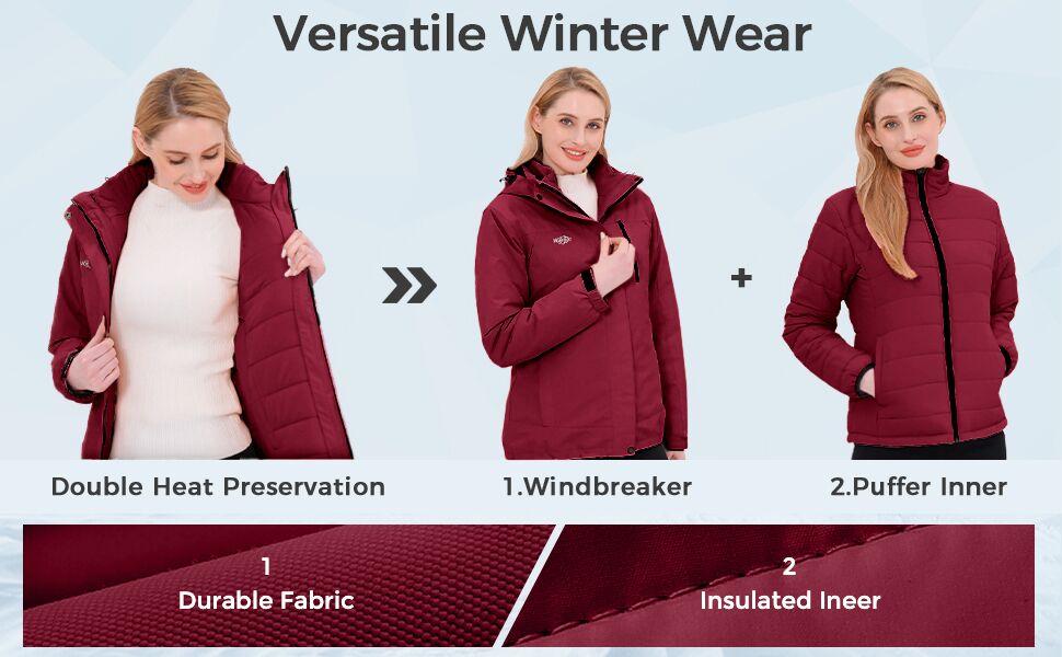 Women's 3 in 1 Waterproof Ski Jacket Windproof Winter Snow Coat Snowboarding Jackets Warm Raincoat   giftideas christmasgift