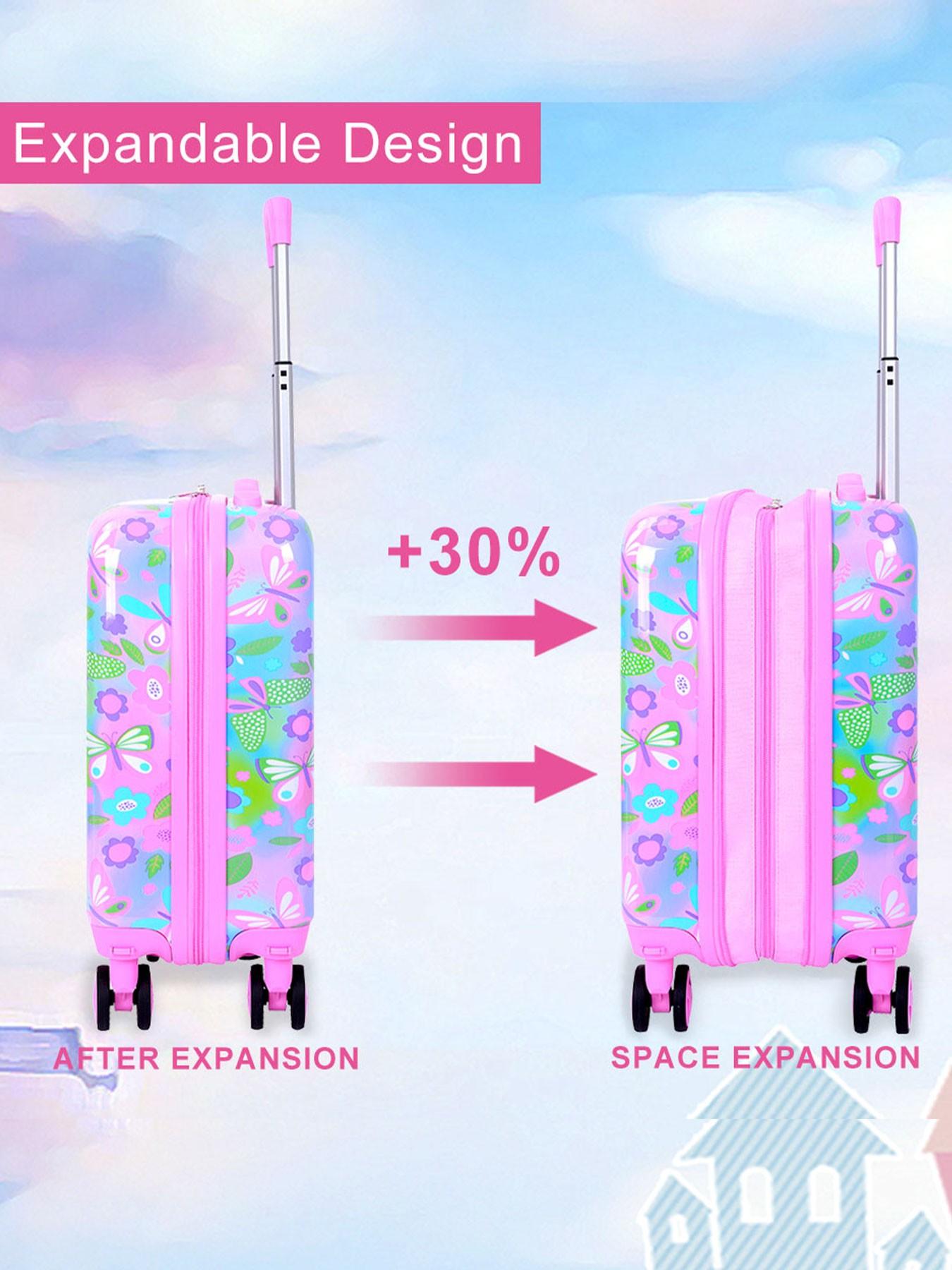 1 Set Kids Luggage Set, Cute Butterfly Print Hard Shell Suitcase with U-Shaped Neck Pillow, Lightweight Rolling Carry On Luggage for Girls, Travel Suitcase for School Trip, Vacation, Airplane