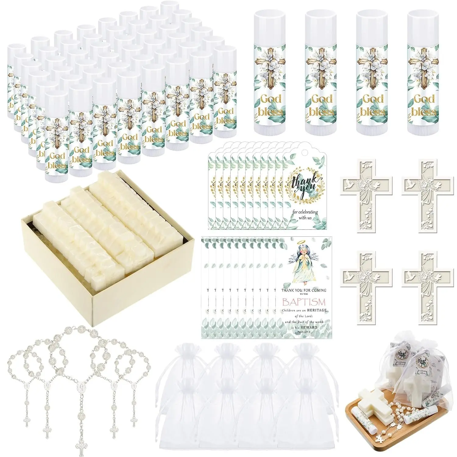 300 Pcs Baptism Party Favors for Guests First Communion Includes Lip Balm Cross Soap Baptism Rosaries Greeting Cards and Organza Bag Christening Communion Gender Reveal Favors for Guests Gifts