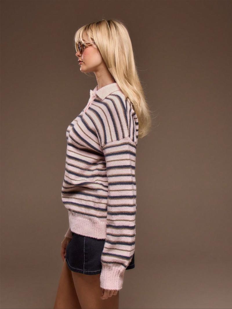 Soft Textured Striped Knit Polo Sweater Women's Retro Collar Button Cardigan Coat, Loose Long Sleeve Top with Sweet Academic Style for Valentine's Day Gentle Look Soft Textured Striped Knit Polo Sweater Women's Retro Collar Button Cardigan Coat, Loose Long Sleeve Top with Sweet Academic Style for Valentine's Day Gentle Look