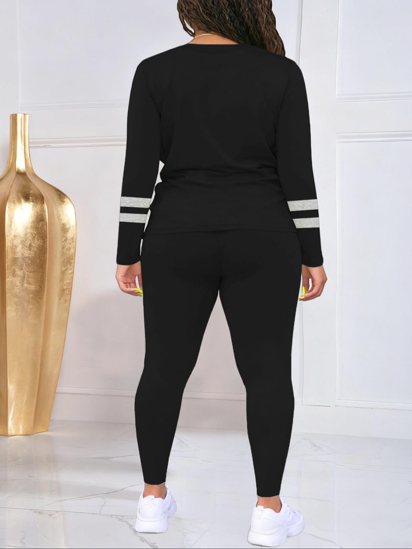 [Plus Size] Women's Fall Winter Fitted Patchwork Suit, Casual Basic Two-Piece Set, Sweatsuit Set Outfit, Athleisure Wear Set, Perfect for Parties Work Leisure Sports Wear, Sports Clothing Set