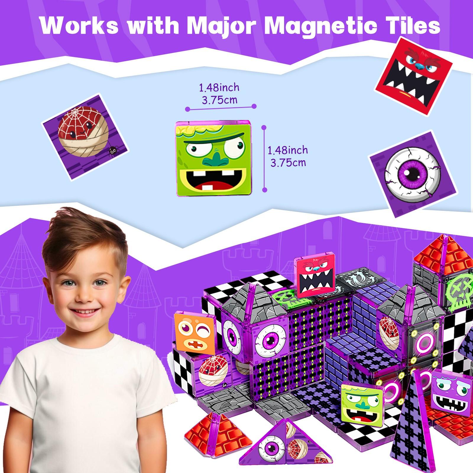 【New Sticker Set】60PCS,1.48inch Creative Sticker Magnetic Tiles,Big Eye Monster Series，Magnet Building Blocks Cubes Construction Stacking Educational Assembly Toy Preschool STEM Play Creative Playboard for Toddler Kids Ages 3+,Kids Toys best gift