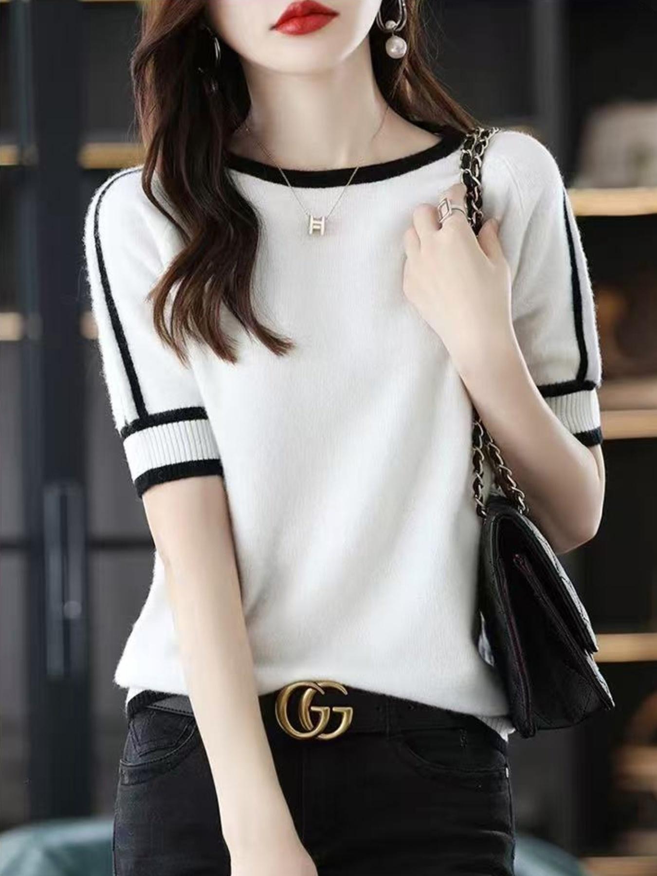 Women's Round Neck Patchwork Half Sleeve Knit Sweater, Commuter Casual Slim Fit Pullover, Stylish and Comfortable Top for Daily Wear, Knitwear