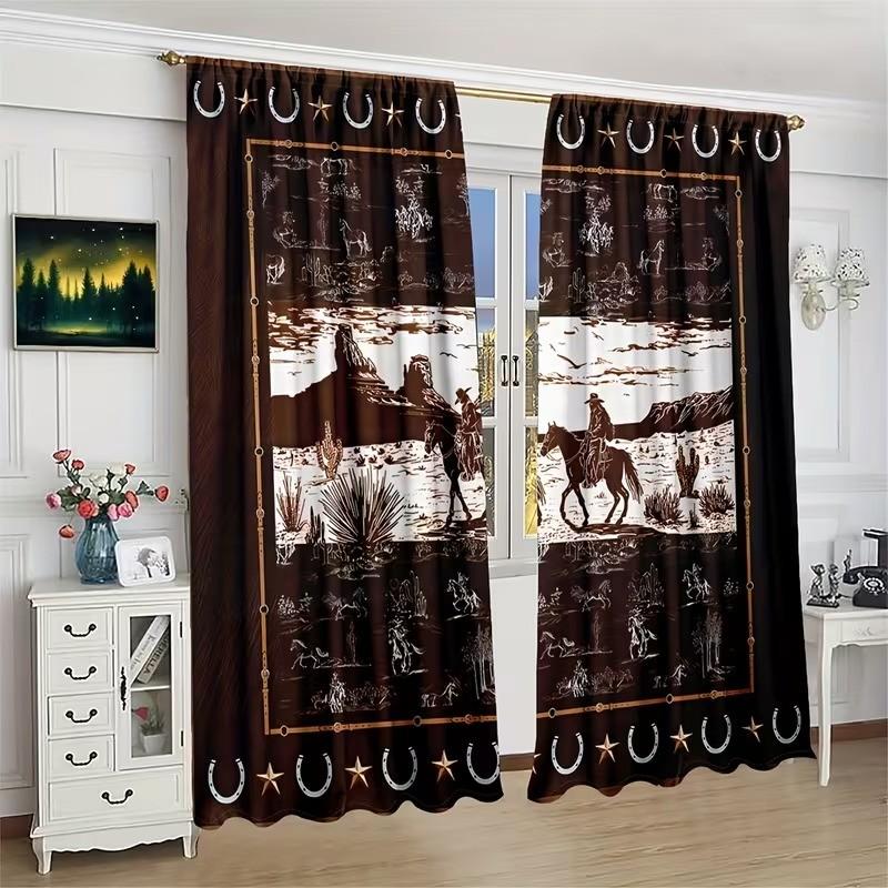 2 pieces of high-definition digital 2 Western-style cactus and palm brown design printed curtains. Made of polyester, semi-transparent, machine washable, suitable for bedrooms, living rooms and home decoration curtains.