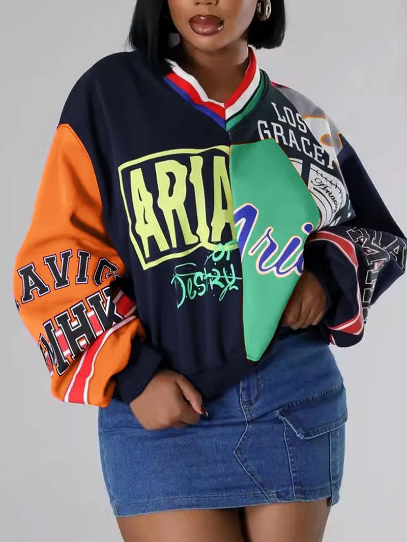 Women's Colorblock Letter Print Drop Shoulder Pullover, Fashion Casual V Neck Long Sleeve Sweatshirt for Daily Outdoor Wear, Women Fall & Winter Clothes
