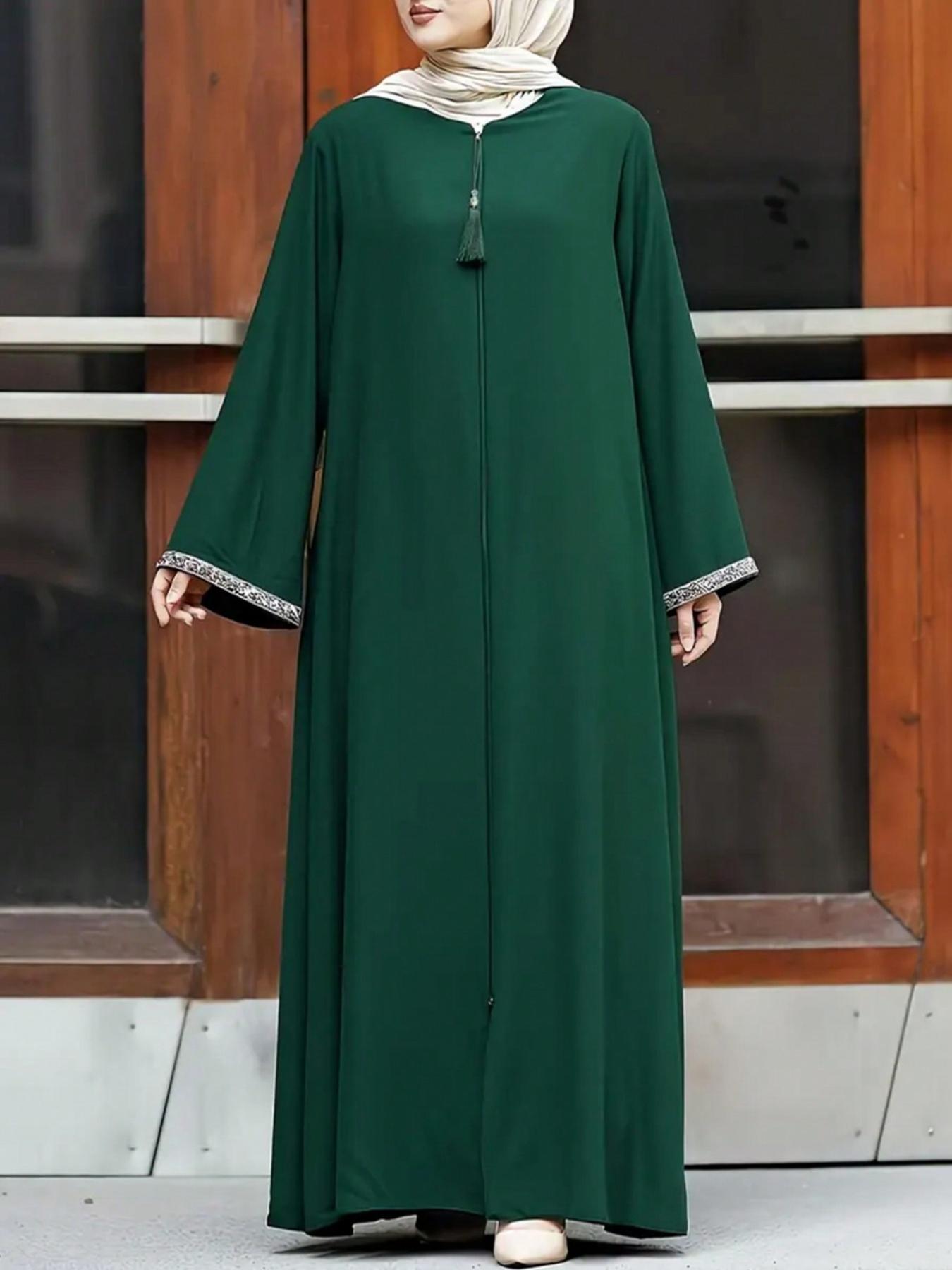 Women's Contrast Binding Zipper Long Sleeve Dress, Solid Color Round Neck Long Dress for Daily Wear, Ladies Clothes for All Seasons