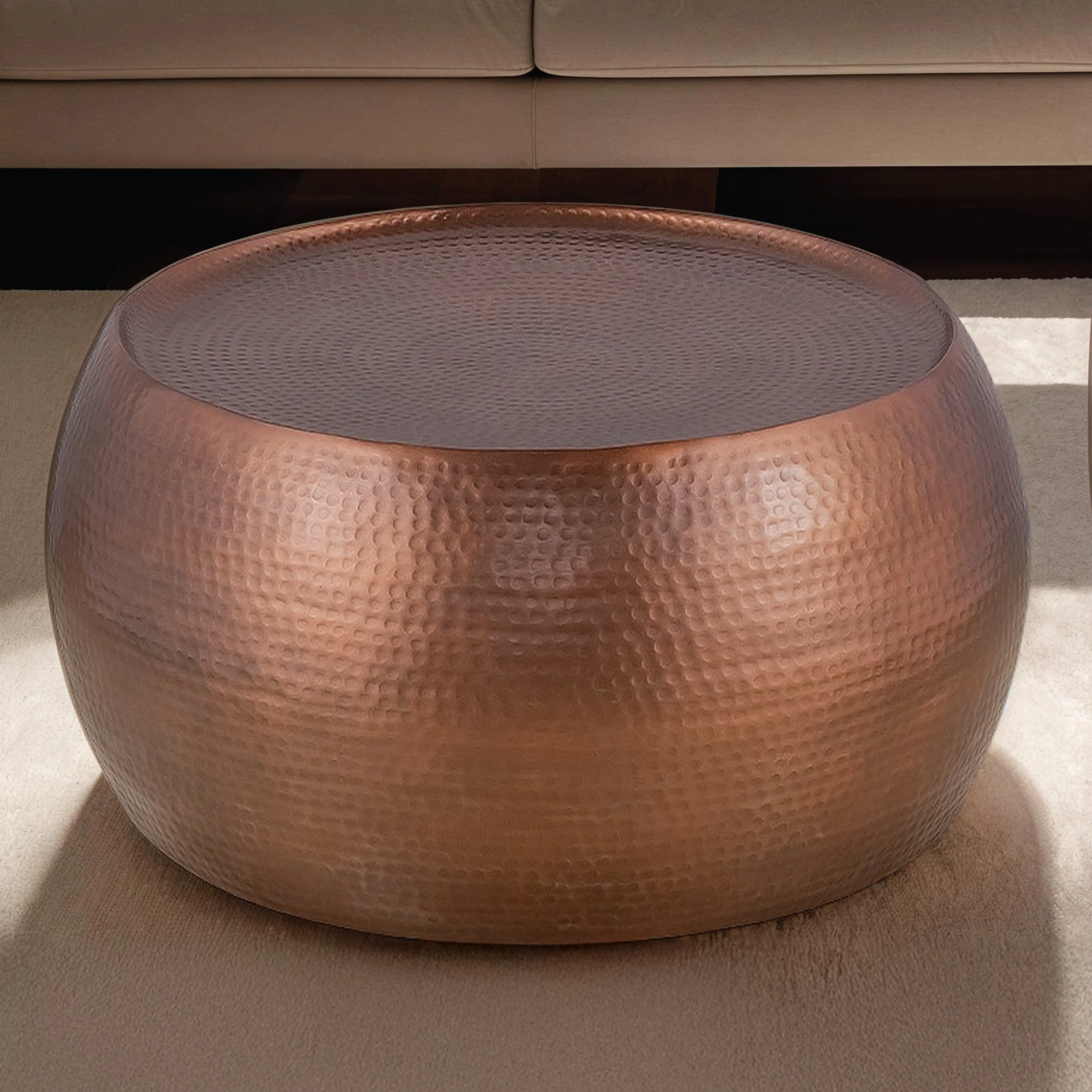 Nokaa 32" Round Aluminum Coffee Table, Hand Hammered Glossy Antique Copper Finish, Modern Living Room Center Table, Freestanding Metal Accent Table for Primary Living Space, No Assembly Required