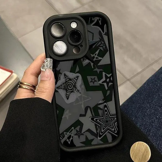 Black Star Pattern Silicone Smartphone Casing & Screen Protector Black-QXB349M73512 - Protective, Shockproof, Durable Cover Fits iPhone 17 Pro Max,16 Plus,15,14,13,12,11,Air E - Cellphone Accessories Gift for Men