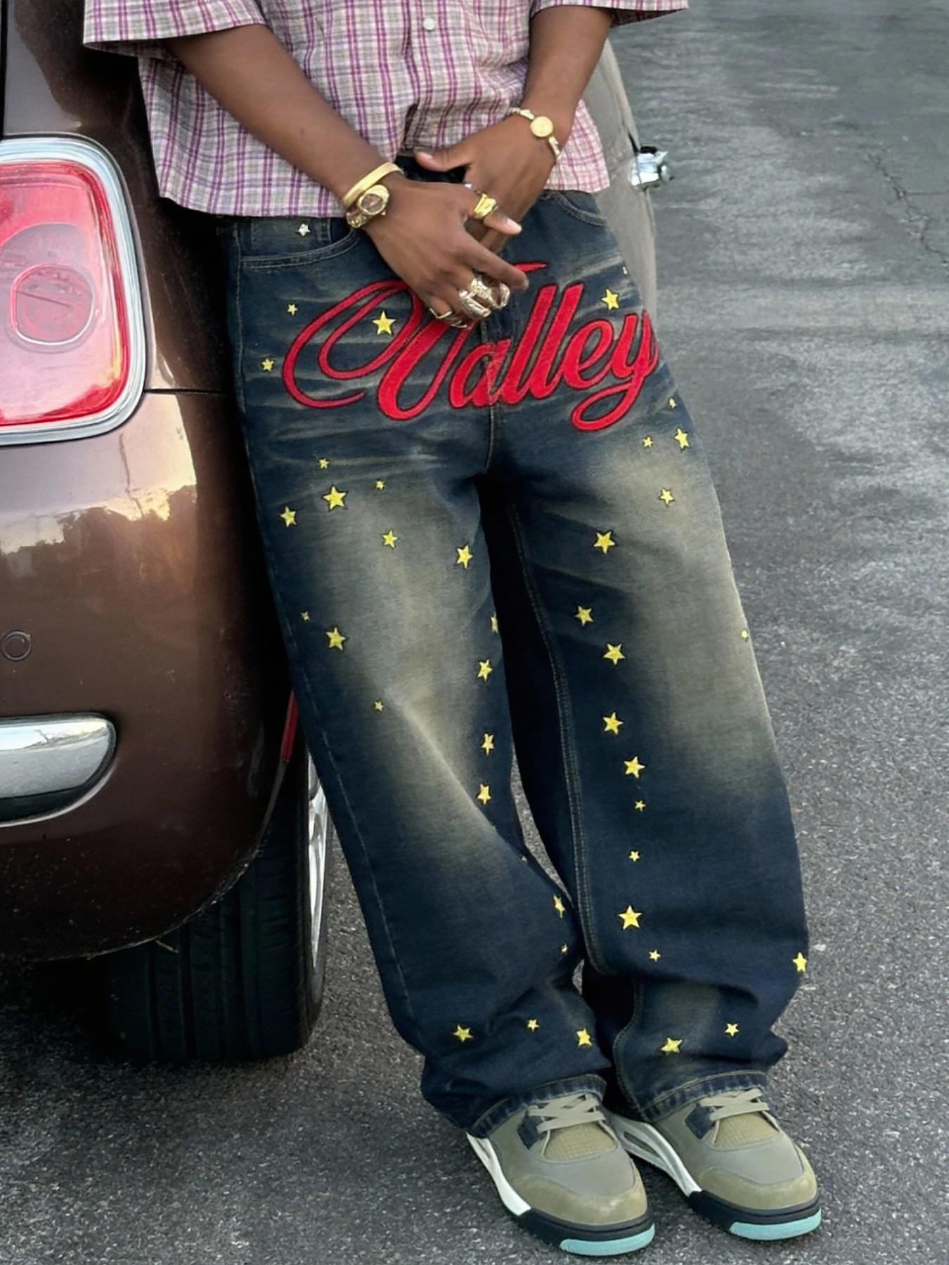 Four-season loose straight-leg wide-leg blue stacked flared jeans, decorated with letter and star embroidery, American street fashion clothing, a versatile must-have for daily casual wear, essential for trendy and cool outfits