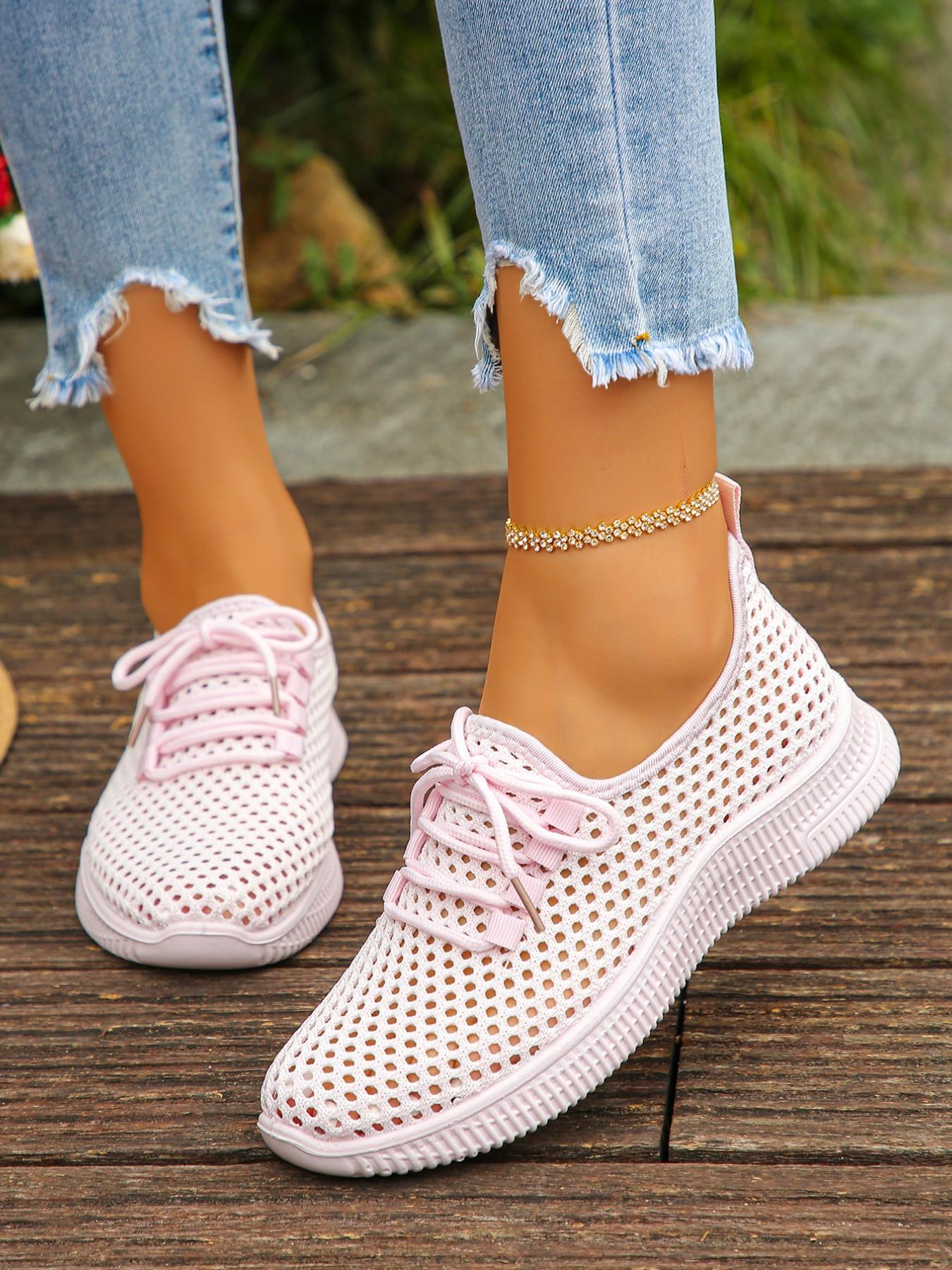 Women's Breathable Mesh Sneakers, Casual Sport Shoes with Lacing Design, Thick Sole Shock Absorption, Ideal for Spring Summer Daily Use