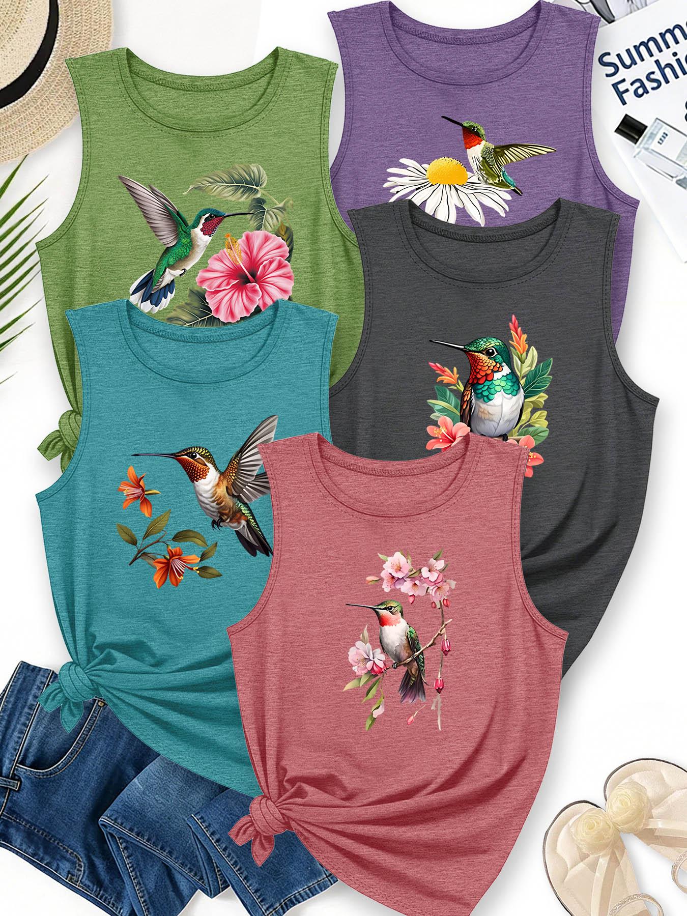5PCS Women's Crew Neck Sleeveless Tank, Hummingbird & Floral Watercolor Print, Aesthetic, multi-color, washable, soft summer top