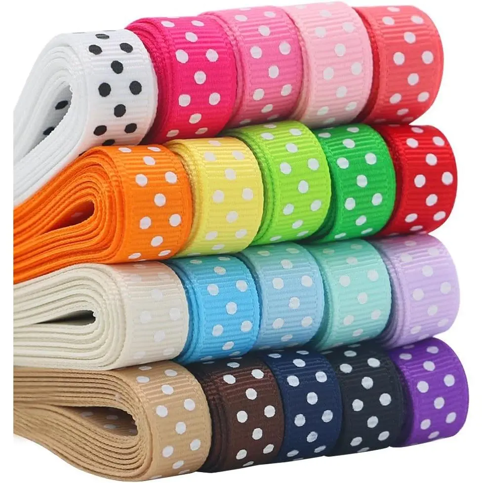 Grosgrain Polka Dot Ribbon Set, 3/8" Fray-Free Stitched Edge Assorted Colors Fabric Ribbons, 40yd (20x2yd) for Crafts, Gift Wrapping, Menswear Waistcoats & Gilets Accents, Polka Dot Set